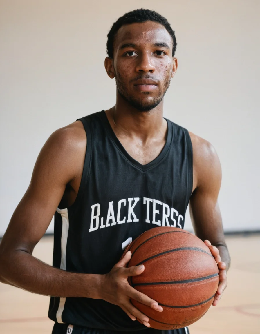 Sport photograph of a black male basketbal player, african, with acne on his face, Basketbal Arena, portrait,, <lora:275FAB00CB:0.5> Detailed natural skin and blemishes without-make-up and acne