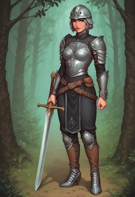 score_9, score_8_up, score_7_up, score_6_up, score_5_up, score_4_up, rating_safe, masterpiece monet painting, aaLinBeiFong, green eyes, short hair, grey hair, scar, armor, black uniform, lipstick, (big sword and opened medieval helmet:1.5),
(((full-clothed))),
BREAK
(birch forest background:1.4) score_9, score_8_up, score_7_up, score_6_up, source_cartoon, rating_explicit, Expressiveh, (((((full body))))), dynamic pose