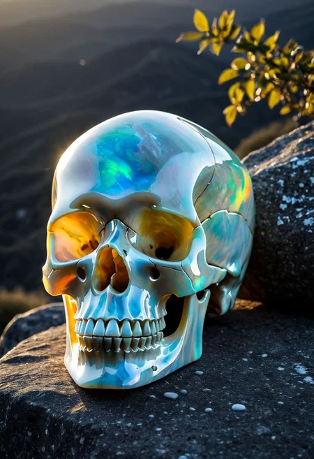 Fujifilm XT3, Sony A7 IV, (award winning photography) a marble skull made of opal set on a stone ledge in the early morning light, glistening. in the background beautiful valleys, divine (iridescent: 1.19), opalescent textures, volumetric light, ethereal, sparkling, studio photo, highly detailed, sharp focus (highest quality: 1.39) (highest coherency: 1.39) (award winning photography), highly detailed photography, (muted colors, cinematic, dim colors, soothing tones:1.2), vibrant, insanely detailed, hyperdetailed, (dark shot:1.2), (vsco:0.3), (intricate details:0.9), (hdr, hyperdetailed:1.2) (vignette), sss