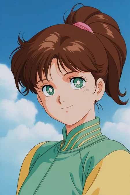masterpiece, best quality, source_anime,official art,perfect_anatomy,1990s_\(style\),retro_artstyle,1girl,,Rees_Arno,green_eyes,brown_hair,ponytail,(detailed face,looking_at_viewer,smile),upper_body,blue_sky,cloud
