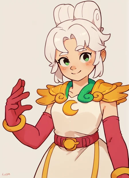 score_9, score_8_up, score_7_up, <lora:lunpiper:1>lunpiper , 1 girl , solo , white hair, doble high ponytail, double bun, green eyes, yellow Shoulder pads ,white dress, dress, red belt , red elbow gloves, yellow bracelet, looking at viewer, <lora:Yagi_the_Goat_Style:1>by s1120411 ,smile, blush,