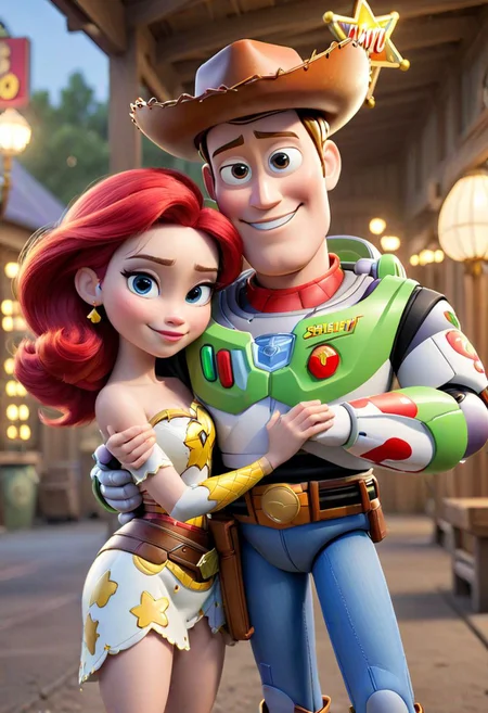 (Buzz McQueen, Sheriff Woody, Jessie, the perfect pixar hero:1.5), Masterpiece photography, (fusion:1.3) of Buzz lightyear and (Lightning McQueen:1.3), Sheriff Woody, Jessie, in hero pose, hugging shoulders, villains lair background, hyperrealistic, bokeh, leica award winning photography, intricate textures, soft lighting