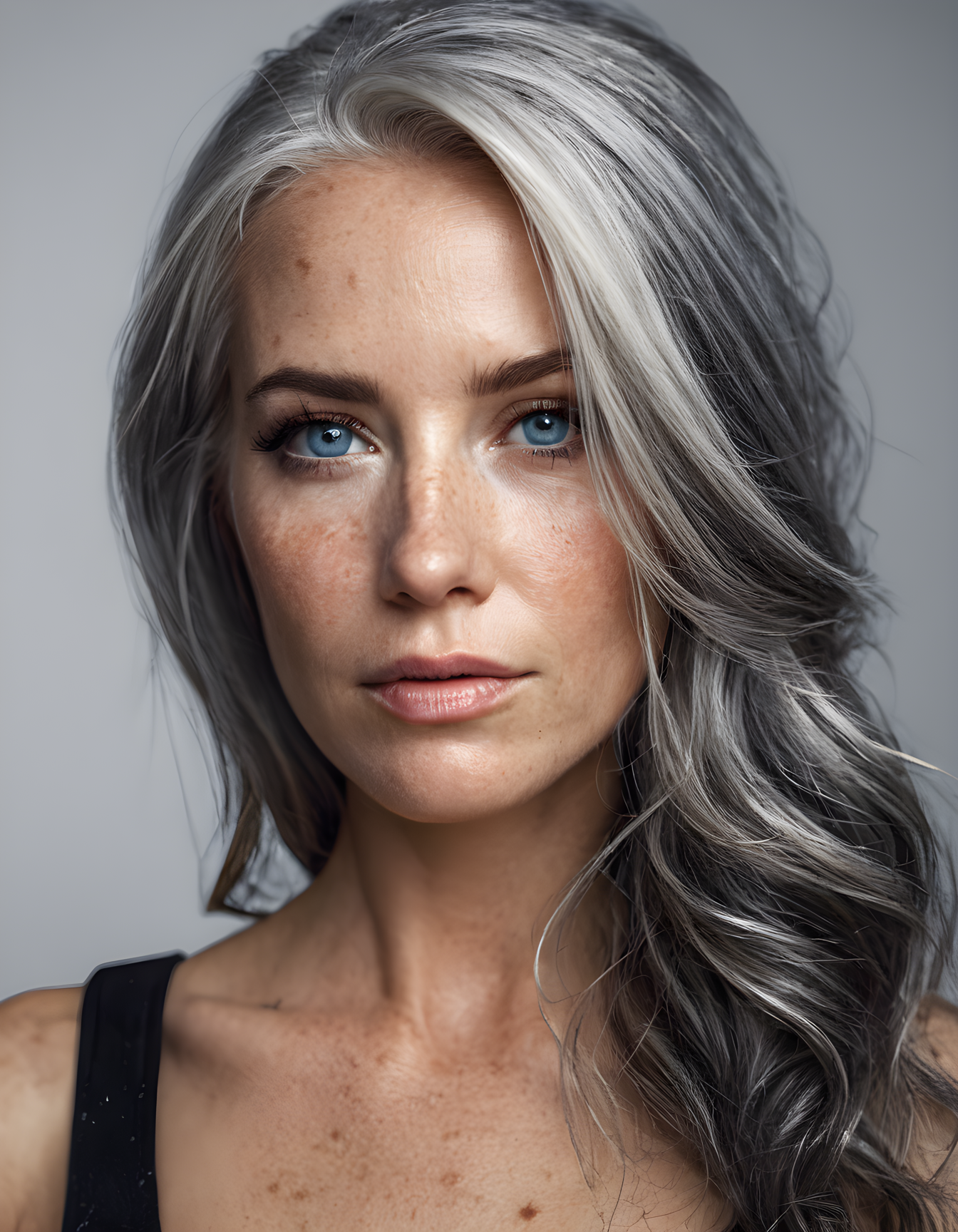 realistic skin texture, freckles, hasselblad H5D-50c, realistic photo of a beautiful woman with gray hair, film grain, anne stokes, by Greg Rutkowski and Raymond Swanland, Trending on Artstation, ultra realistic digital art