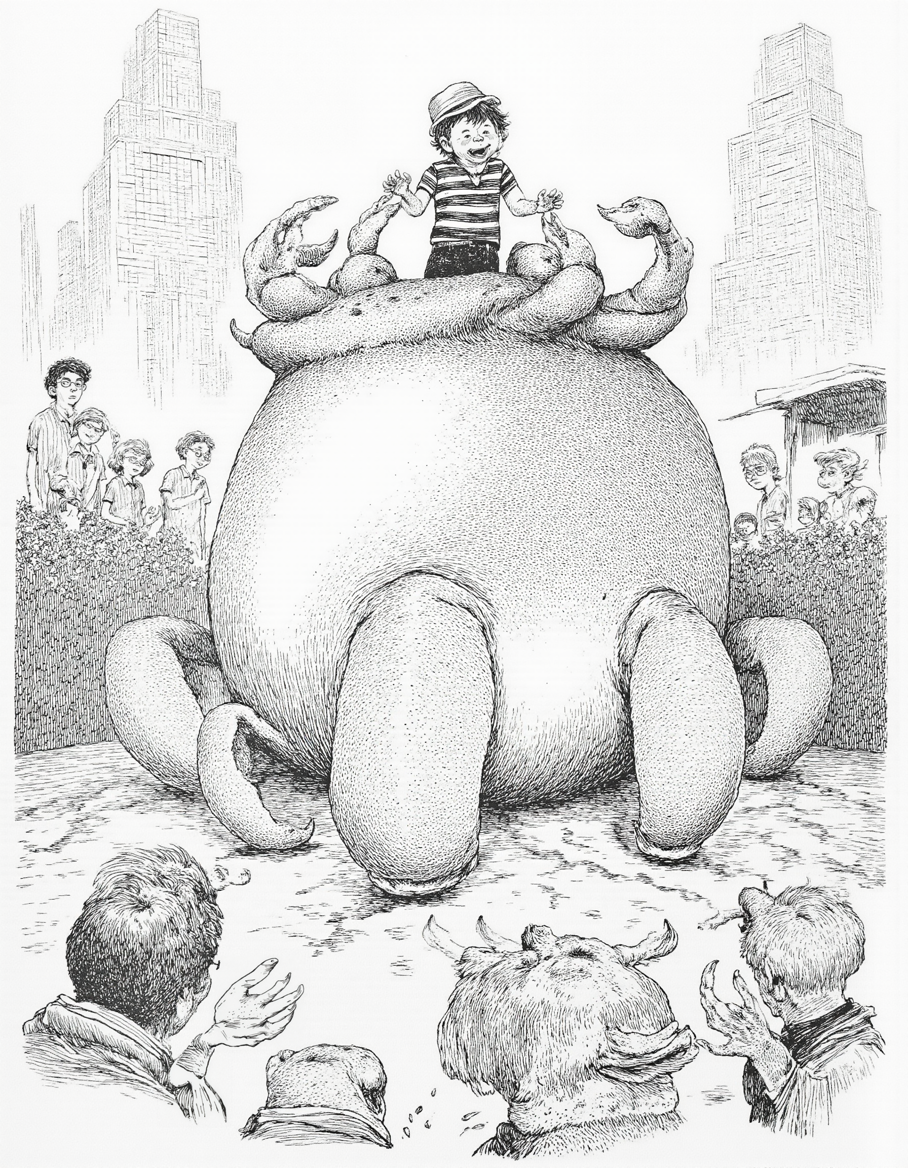 <lora:mig4v:1>, This black-and-white drawing, likely created using pen and ink, depicts a fantastical scene filled with whimsical and grotesque elements. At the center of the image is a large, monstrous creature resembling a cross between a crab and a dragon, with multiple legs and a bulbous, segmented body. The creature's texture is detailed with intricate lines and shading, giving it a rough, scaly appearance. 
Perched on top of the creature is a small child, who appears to be having fun despite the monstrous surroundings. The child, with a wide-eyed expression, is wearing a striped shirt and a hat, adding a touch of normalcy amidst the chaos. The child's legs are splayed, and they appear to be holding onto the creature's back.
Surrounding the scene are a group of onlookers, who are watching the child and the creature with a mix of curiosity and fear. The onlookers are drawn in a simple, cartoonish style, with exaggerated facial expressions and basic outlines. The background features a cityscape with tall, blocky buildings, suggesting an urban setting. The overall mood of the drawing is whimsical and surreal, blending elements of horror and fantasy.