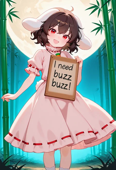 1 girl, Holding board “I need buzz”,
Inaba Tewi, Petite, Flat Chest, Red Eyes, :D, Smile, Closed Mouth, Brown Hair, Short Hair, Rabbit Ears, Floppy Ears, Rabbit Tail, Carrot Necklace, Pink Ribbon-Trimmed Dress, Puffy Short Sleeves, Ribbon-Trimmed Sleeves, White Socks, Standing, Head Tilt, Looking At Viewer, Best Quality, Amazing Details, Brilliant Colorful Paintings ,moon, bamboo forest, night