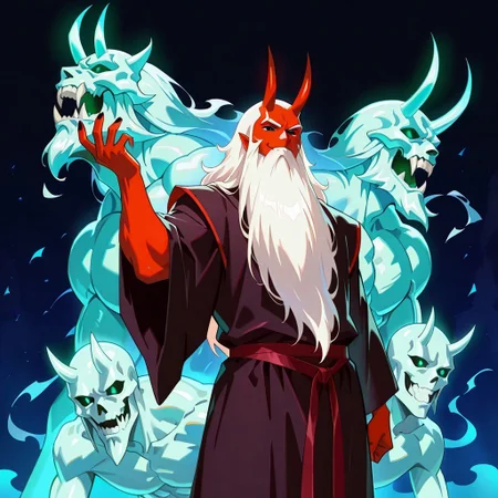 masterpiece, best quality, newest, absurdres, highres, anime, anime style, vintage anime, 90s anime, 1boy, demon, demon boy, red skin, red colored skin, white hair, horns, oni horns, massive horns, oni, muscular male, monster boy, monster, muscular, black robe, black eyes, manly, beard, long beard, smile, grin, evil grin, Necromancer-IL-V1.0, Necromancer-IL-V1.0-Minions, ghostminions, ghost, ghosts,