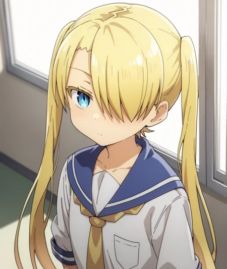 score_9, score_8_up, score_7_up, score_6_up, score_5_up, score_4_up, BREAK source_anime,
<lora:Nishitori Megumi_PONY:1>,nishitori megumi, 1girl, solo, blonde hair, twintails, hair over one eye, long hair, blue eyes, yellow neckerchief, school uniform, blue sailor collar,