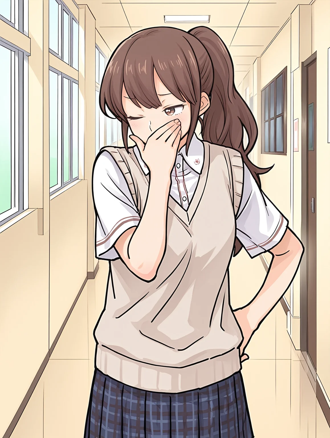 <lora:Yuna_Toomi_-_Illustrious:1> yuna toomi, sketch,
1girl, school uniform, one eye closed,  plaid skirt, sweater vest,  hand on own face, school, hallway, indoors, window, white shirt, standing, thinking, thoughtful,covering own mouth, 
one hand up,hand on own hip,
masterpiece,best quality,amazing quality,