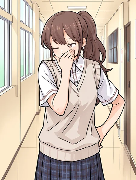 <lora:Yuna_Toomi_-_Illustrious:1> yuna toomi, sketch,
1girl, school uniform, one eye closed, plaid skirt, sweater vest, hand on own face, school, hallway, indoors, window, white shirt, standing, thinking, thoughtful,covering own mouth,
one hand up,hand on own hip,
masterpiece,best quality,amazing quality,