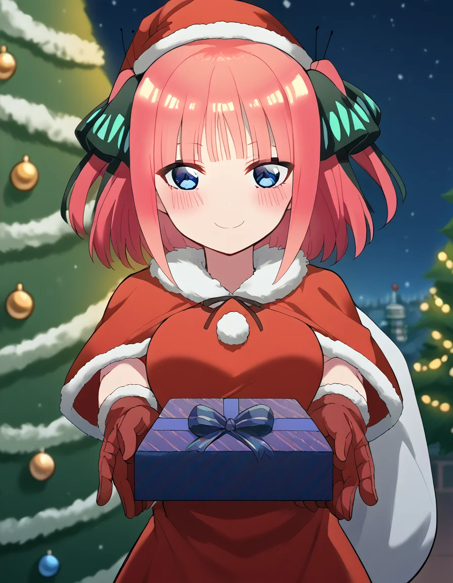 score_9, score_8_up, score_7_up, source_anime, <lora:nnakano-s2-ponyxl-lora-nochekaiser:1>, short hair, bangs, blue eyes, hair ornament, hair ribbon, pink hair, blunt bangs, two side up, butterfly hair ornament, large breasts,, <lora:santa-costume-ponyxl-lora-nochekaiser:1>, santa costume, santa hat, christmas, sack, merry christmas, gift, fur-trimmed headwear, holding sack, santa dress, fur-trimmed dress, christmas tree, christmas tree, fur trim, red capelet, gift box, red gloves, fur-trimmed capelet, santa gloves, red hat, hat,, smile, blush, looking at viewer, <lora:incoming-gift-ponyxl-lora-nochekaiser:1>, incoming gift, outstretched arms, holding, holding gift, gift, gift box,,