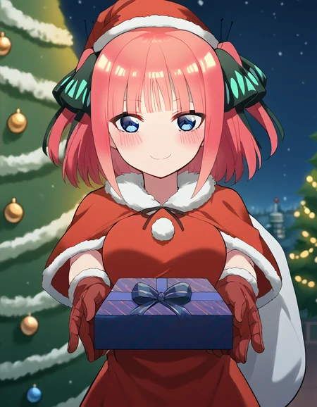 score_9, score_8_up, score_7_up, source_anime, <lora:nnakano-s2-ponyxl-lora-nochekaiser:1>, short hair, bangs, blue eyes, hair ornament, hair ribbon, pink hair, blunt bangs, two side up, butterfly hair ornament, large breasts,, <lora:santa-costume-ponyxl-lora-nochekaiser:1>, santa costume, santa hat, christmas, sack, merry christmas, gift, fur-trimmed headwear, holding sack, santa dress, fur-trimmed dress, christmas tree, christmas tree, fur trim, red capelet, gift box, red gloves, fur-trimmed capelet, santa gloves, red hat, hat,, smile, blush, looking at viewer, <lora:incoming-gift-ponyxl-lora-nochekaiser:1>, incoming gift, outstretched arms, holding, holding gift, gift, gift box,,