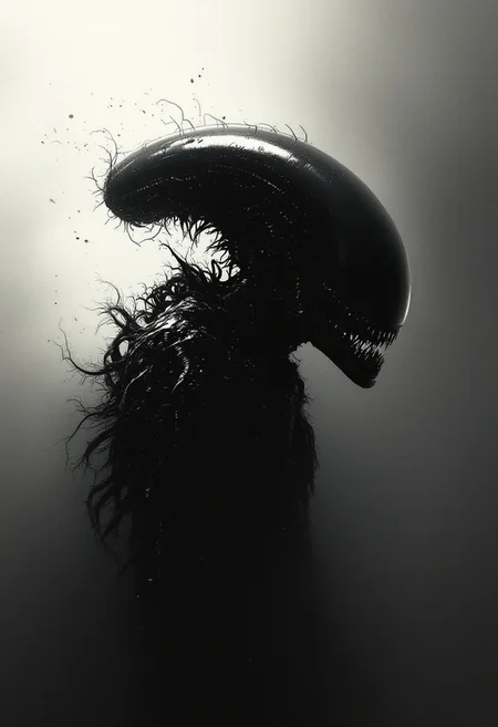 Movie poster (Xenomorph Alien lurks in the darkness) . (minimalism: 1) , ray tracing details . Style by Stephen Gammell .