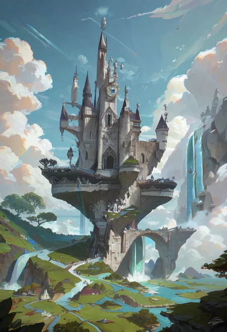 score_9, score_8_up, score_7_up, score_6_up, arkn, detailed drawing, floating island, medieval white castle, waterfall, blue sky, thick clouds, sun shining, landscape focus,