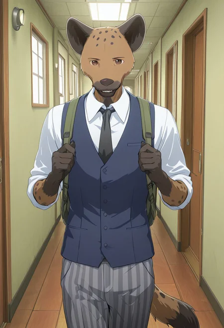 masterpiece, best quality, amazing quality, very aesthetic, absurdres, newest, high quality, detailed, male, solo male, Miguno, 1boy, mature male, male, slender build, anthro, spotted hyena, animal ears, brown eyes, brown and black fur, white collared shirt, blue vest, black tie, grey striped pants, hallway, backpack, hands on backpack straps, looking at viewer, smiling, standing, half body
