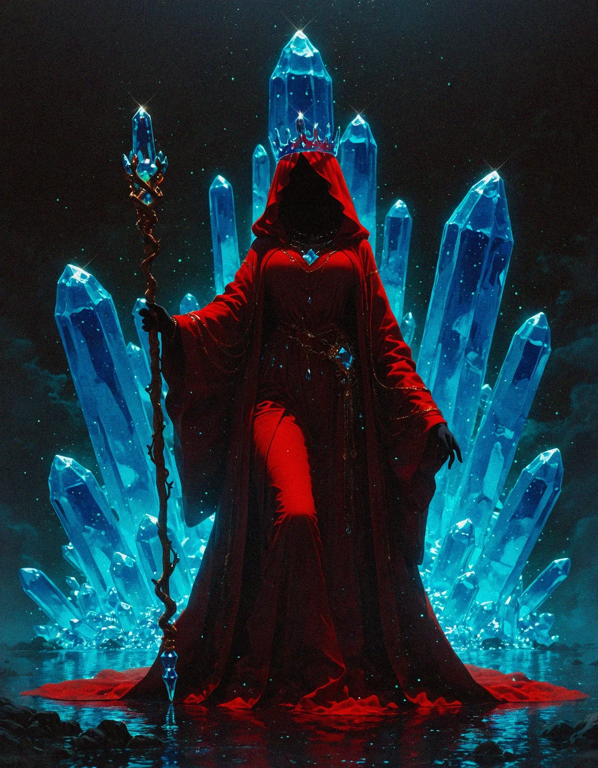 masterpiece, best quality, amazing quality, <lora:DarkFantasy_v3_Buns:0.55>, Crystal Enchanter, radiant gem-covered robes, floating crystal crown, hovering staff, dazzling cavern, masterpiece, best quality, amazing quality
