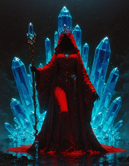 masterpiece, best quality, amazing quality, <lora:DarkFantasy_v3_Buns:0.55>, Crystal Enchanter, radiant gem-covered robes, floating crystal crown, hovering staff, dazzling cavern, masterpiece, best quality, amazing quality