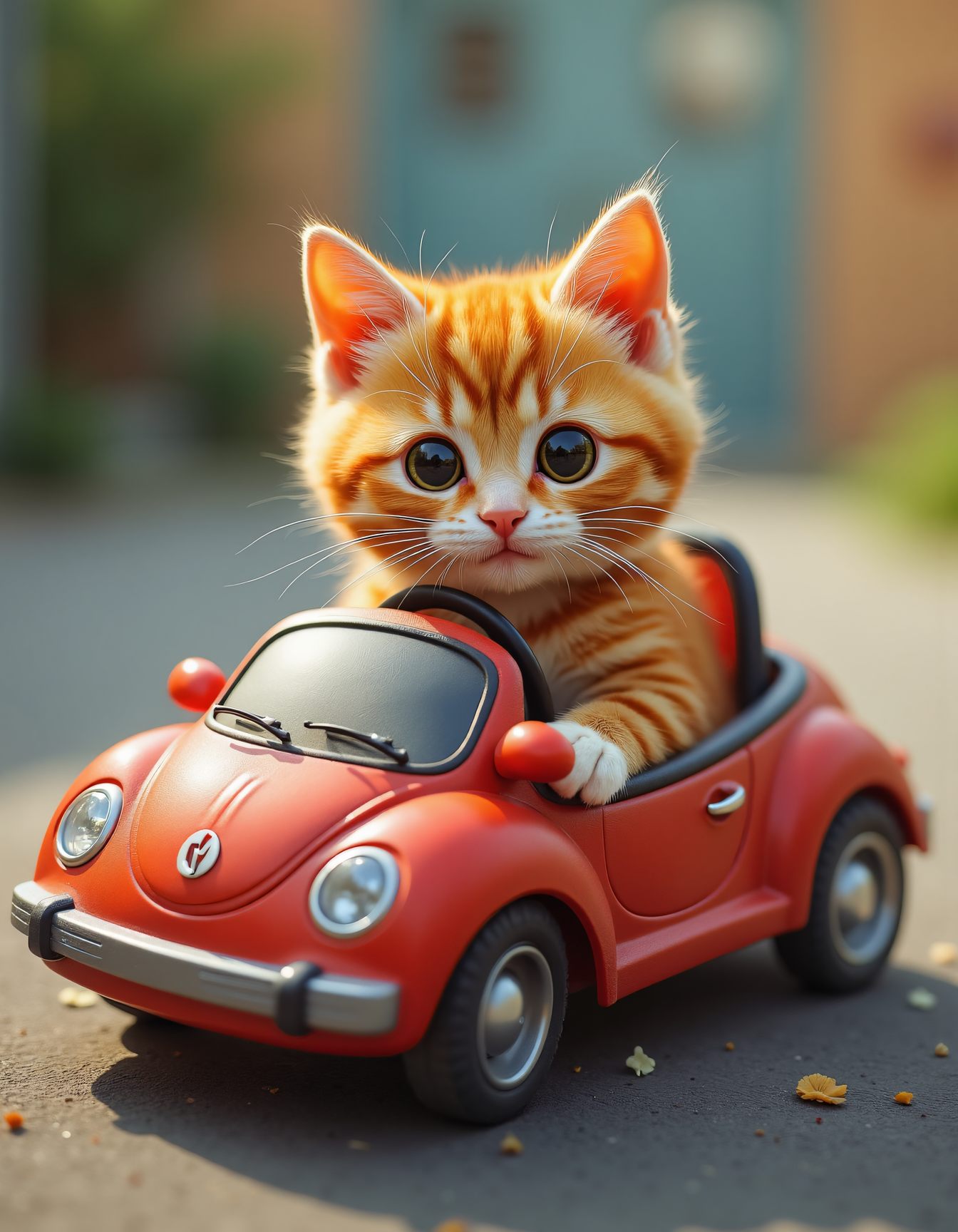 cat sitting in a tiny car for a child, vivid color palette, very detailed, sharp focus