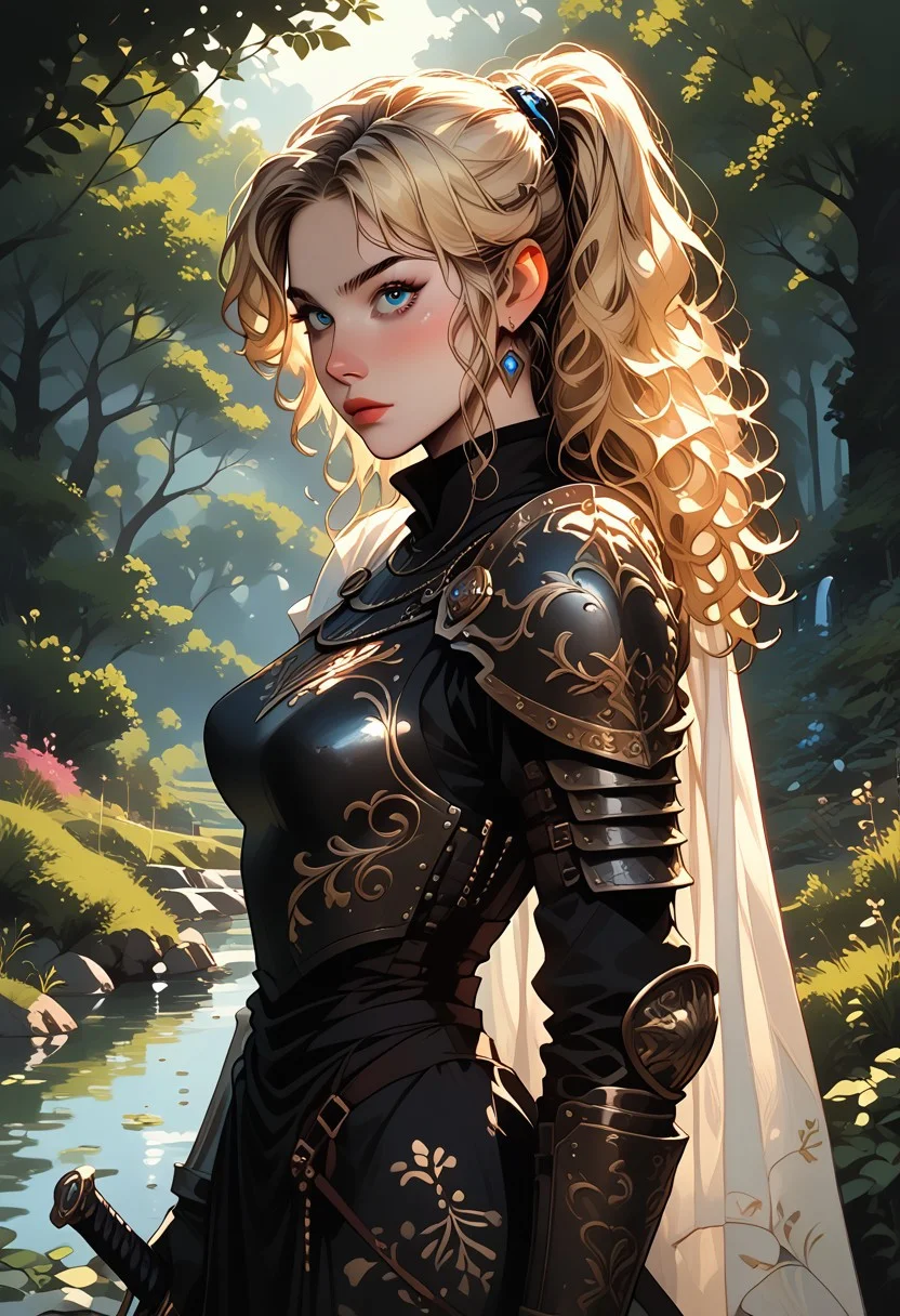 score_9, score_8_up, score_7_up, ExpresHGothicNeonIncase, 1girl, weapon, armor, sword, blue eyes, holding weapon, solo, blonde hair, holding sword, looking at viewer, cape, holding, forest, long hair, white cape, nature, shoulder armor, ponytail, gold armor, gloves, breastplate, outdoors, nose, pauldrons, tree, from side, blurry background, closed mouth, blurry, knight, bush, plate armor, wavy hair, vambraces, black gloves, gauntlets, upper body, standing, faulds, two-handed, earring, reflection, high contrast, textured surfaces, depth of field, perfect lighting, minimal shadows, rich details, dreamy, dynamic color palette, playful composition