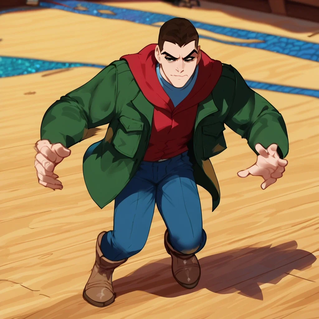 score_9, score_8_up, score_7_up
, masterpiece, beautiful,
,1 guy, solo, Davey-StoneX, Short hair, very short hair, black eyes, Smug expression,angry look, Green jacket, Red hoodie under jacket, blue pants, brown boots,Hood down, battle pose, dinamic pose , full body, screencaps, disney art style