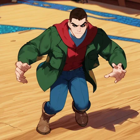 score_9, score_8_up, score_7_up
, masterpiece, beautiful,
,1 guy, solo, Davey-StoneX, Short hair, very short hair, black eyes, Smug expression,angry look, Green jacket, Red hoodie under jacket, blue pants, brown boots,Hood down, battle pose, dinamic pose , full body, screencaps, disney art style