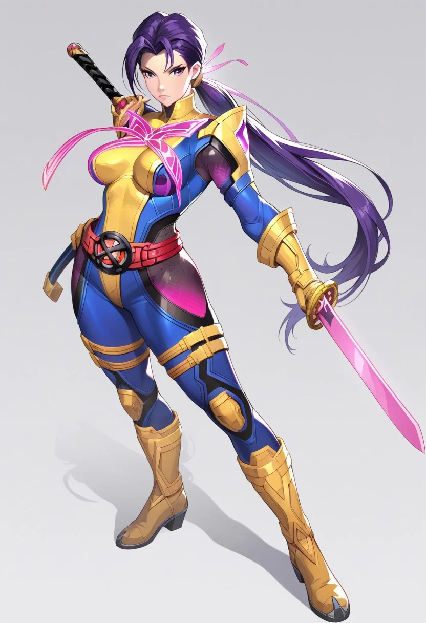 (score_9, score_8, score_7), masterwork, masterpiece, psylocke, 1girl, solo, beautiful eyes, beautiful face, detailed eyes, detailed face,
long purple ponytail, serious look, yellow armored boots and gloves, glowing pink chest insignia, red belt, cyber armor suit with sleek black and pink contour panels, anime hero design, full body. tight blue and yellow bodysuit, glowing pink butterfly symbol on chest, red X-emblem belt, metallic yellow gauntlets and boots, pink mesh panels on thighs, black contour lines on hips and torso, standing pose, confident expression, arms raised in preparation, sword ready pose, glowing pink sword hilt, yellow and blue bodysuit, bright pink accents, anime superhero look, dynamic lighting, front combat stance