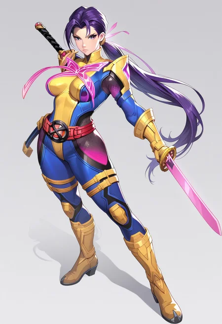 (score_9, score_8, score_7), masterwork, masterpiece, psylocke, 1girl, solo, beautiful eyes, beautiful face, detailed eyes, detailed face,
long purple ponytail, serious look, yellow armored boots and gloves, glowing pink chest insignia, red belt, cyber armor suit with sleek black and pink contour panels, anime hero design, full body. tight blue and yellow bodysuit, glowing pink butterfly symbol on chest, red X-emblem belt, metallic yellow gauntlets and boots, pink mesh panels on thighs, black contour lines on hips and torso, standing pose, confident expression, arms raised in preparation, sword ready pose, glowing pink sword hilt, yellow and blue bodysuit, bright pink accents, anime superhero look, dynamic lighting, front combat stance