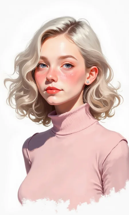 Close-up of a digital illustration or painting.
A young woman with shoulder-length, wavy, light-white/platinum blonde hair, and a light pinkish-rose/nude colored turtleneck sweater is the central figure.
Her facial features are softly highlighted, with rosy blush on her cheeks and a light pinkish-red lipstick on her lips. Her eyes are a light grayish-blue color. She has a neutral expression, neither smiling nor frowning.
The hairstyle has a slightly tousled look, with the curls varying in size.
The turtleneck sweater is a smooth, light pink color, with subtle shading and folds that suggest texture.
The background is plain white, with no other elements.
The style of the piece is likely digital art, given the exaggerated soft lighting, the smooth shading on the skin, and the detailed hair.
<lora:FLUX-daubrez-DB4RZ-v2:1> DB4RZ, DB4RZ style painting
