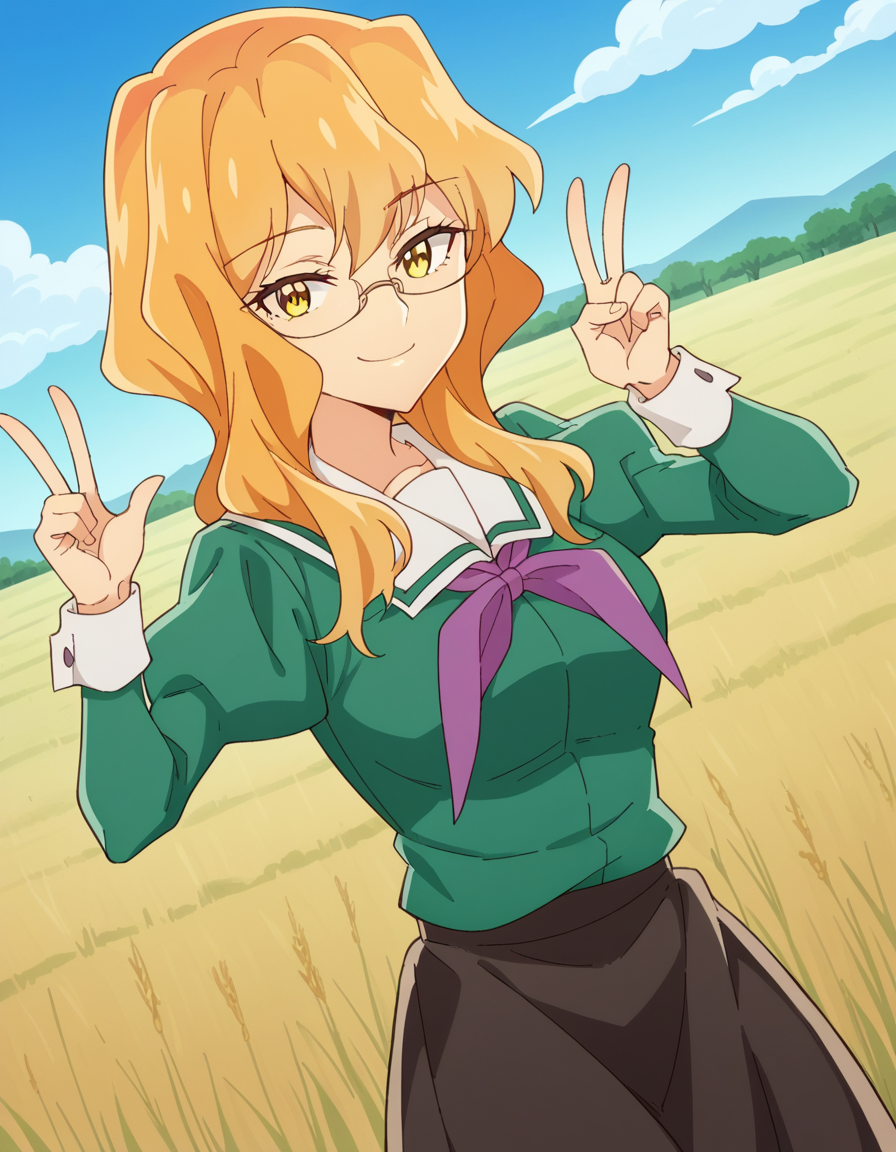 score_9, score_8_up, score_7_up, source_anime, <lora:sumika-chibana-s1-ponyxl-lora-nochekaiser:1>, sumika chibana, long hair, blonde hair, yellow eyes, glasses,, skirt, long sleeves, school uniform, puffy sleeves, serafuku, purple neckerchief, green shirt, black skirt, long skirt,, rural, fields, houses, countryside, quiet, smile, v, v over mouth, smug,, looking at viewer, solo,, dutch angle, cowboy shot