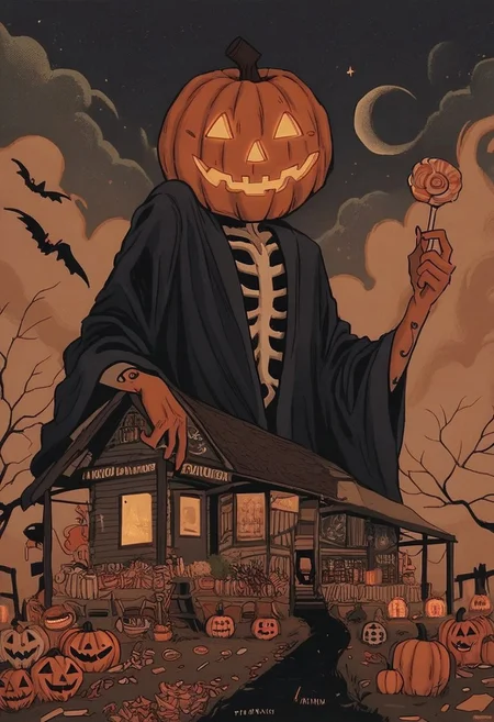 score_9, score_8_up, score_7_up, score_6_up, hllwn, halloween, vintage, jack-o'-lantern, halloween, pumpkin, food, solo, candy, holding, moon, robe, sky, night