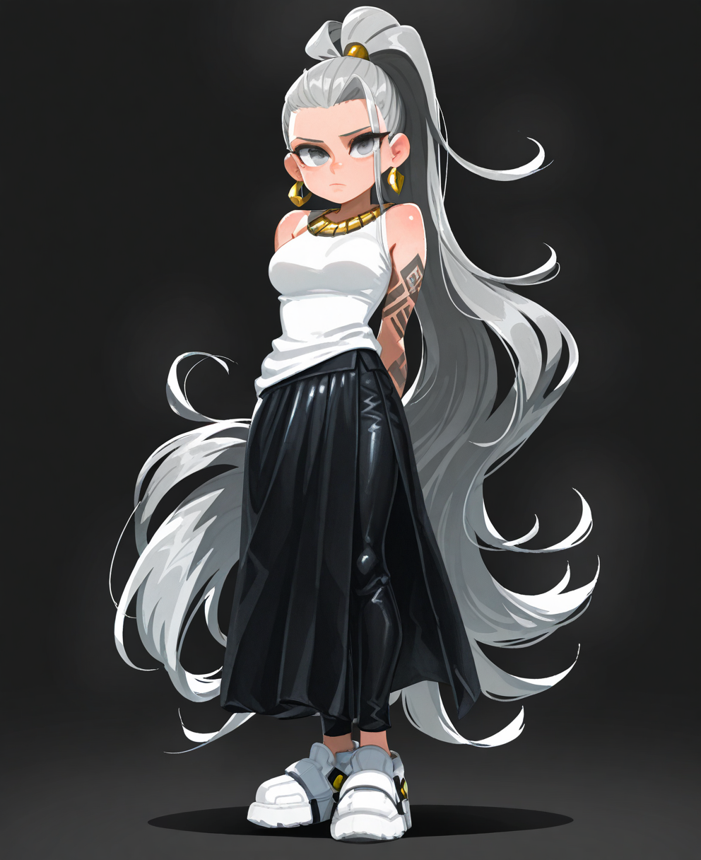<lora:zettonamo888C:1> zettonamo888,
(masterpiece), (best quality), (ultra-detailed), amazing quality, very aesthetic, illustration, perfect composition, intricate details, absurdres, incredibly absurdres, shiny skin, realistic,
 zettonamo888, 1girl, solo, long hair, jewelry, grey hair, earrings, grey eyes, full body, very long hair, ponytail, pants, long skirt, arms behind back, sleeveless, standing, black pants, white footwear, black background, tattoo, looking at viewer, shirt, white shirt, closed mouth, sleeveless shirt, breasts, black skirt, general