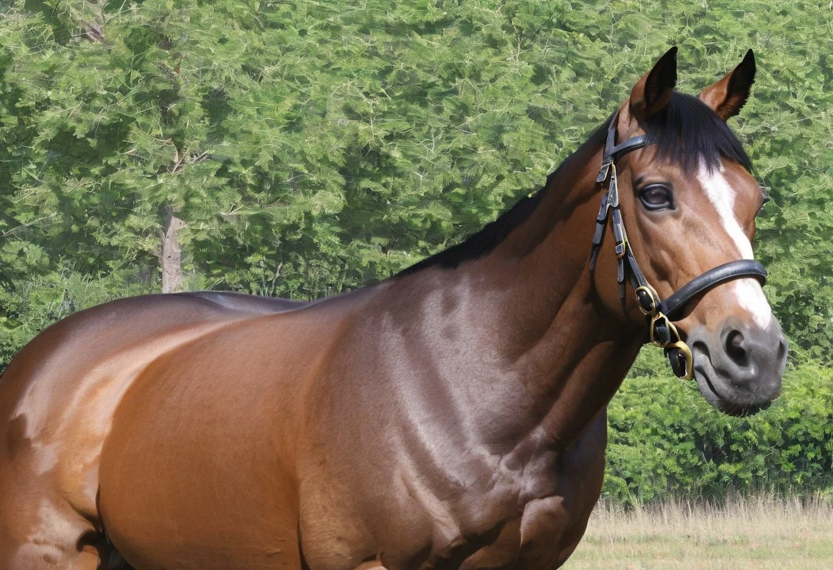 horsegal, a brown horse standing in a field with trees in the background, background, horse, animal, stallion, realistic, muscular horse