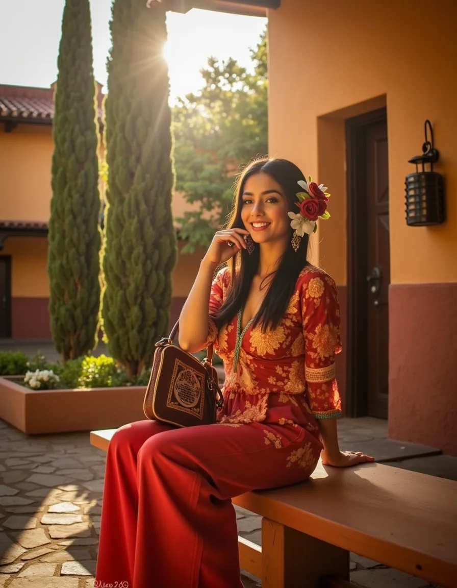<lora:MexicanGFSV2:0.8> mxgfv2, analog photography, analog photo, ultra quality, ultra detailed image, ultra realistic, ultra lighting, cinematic, cinematic lighting, a beautiful Mexican woman in a patio of a beautiful hacienda, in a town square sitting on a bench, god rays on her face, wearing Mexican blouse, Mexican loose pants, Mexican huaraches, holding a beautiful Mexican purse, loose hair, with beautiful flowery adornment on her hair, looking at the camera, seductive smile, ultra detailed textures
