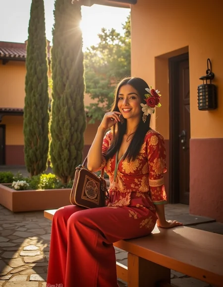 <lora:MexicanGFSV2:0.8> mxgfv2, analog photography, analog photo, ultra quality, ultra detailed image, ultra realistic, ultra lighting, cinematic, cinematic lighting, a beautiful Mexican woman in a patio of a beautiful hacienda, in a town square sitting on a bench, god rays on her face, wearing Mexican blouse, Mexican loose pants, Mexican huaraches, holding a beautiful Mexican purse, loose hair, with beautiful flowery adornment on her hair, looking at the camera, seductive smile, ultra detailed textures