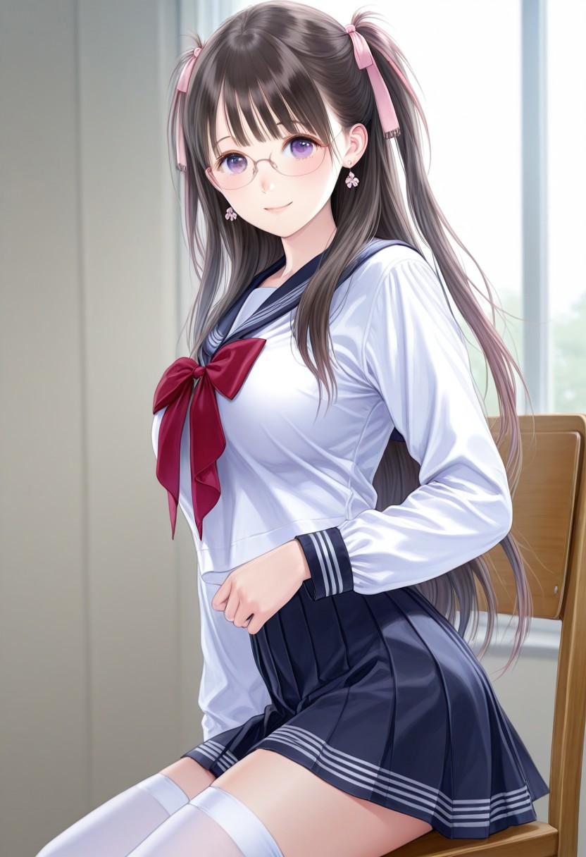 zhezhi, glasses, breasts, looking at viewer, bangs, purple eyes, thighhighs,  large breasts, closed mouth, , alone, sexy pose, cowboy shot, cheerful smile, earrings, photorealistic, kishida mel,   shiina miyu, long hair, breasts, skirt, large breasts, ribbon, very long hair, school uniform, hair ribbon, pleated skirt, serafuku, two side up, untucked  shirt, tall girl, long sleeves,  white shirt, side view, yazhougirl, sitting on the chair,