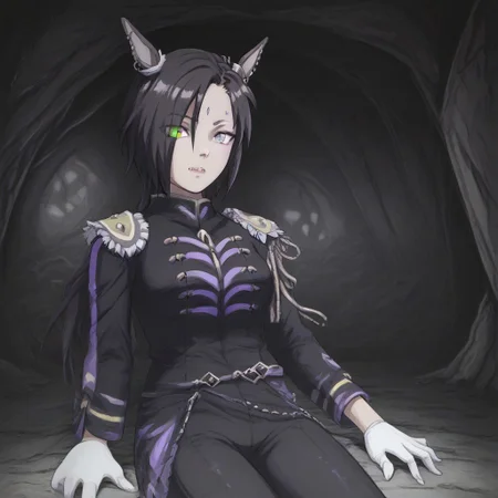 (Naruto_Manda, hybrid snake human, horse tail, sharp teeth, horse ears, ear ornament, single ear cover, horns, heterochromia, purple eyes, yellow eyes, black jacket, epaulettes, aiguillette, long sleeves, white gloves, black pants, eyebrow piercing, ear piercing,((1girl ,1women)) , female,  ),purple religious tunic, sleeves, hood, scaly skin, , green eyes, reptile eyes, inside cave, human bones on floor, jewelry, holding human skull, airshakurprime, low wings,