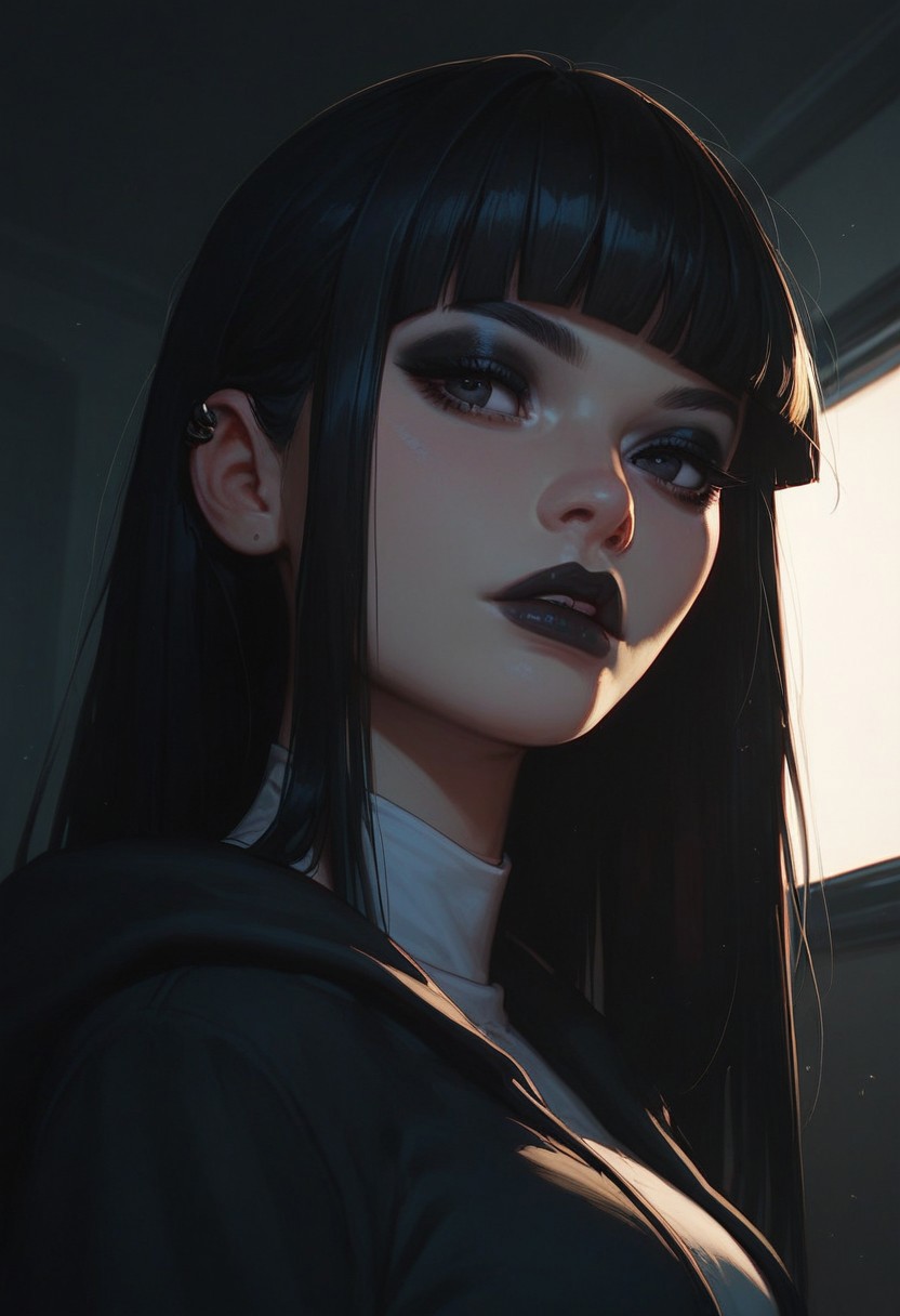 score_8_up, score_7_up , score_9, black hair, long hair, blunt bangs, solo, black eyes, dynamic lighting, goth, eyeshadow, black lipstick, medium breasts, white shirt, black hoodie,  pleated skirt, standing, dynamic angle, night, (face close-up:1.4),leaning, cheeky