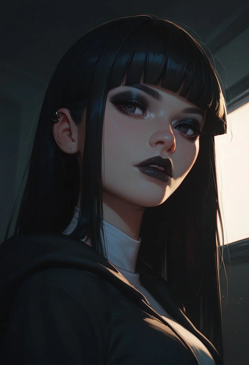 score_8_up, score_7_up , score_9, black hair, long hair, blunt bangs, solo, black eyes, dynamic lighting, goth, eyeshadow, black lipstick, medium breasts, white shirt, black hoodie, pleated skirt, standing, dynamic angle, night, (face close-up:1.4),leaning, cheeky