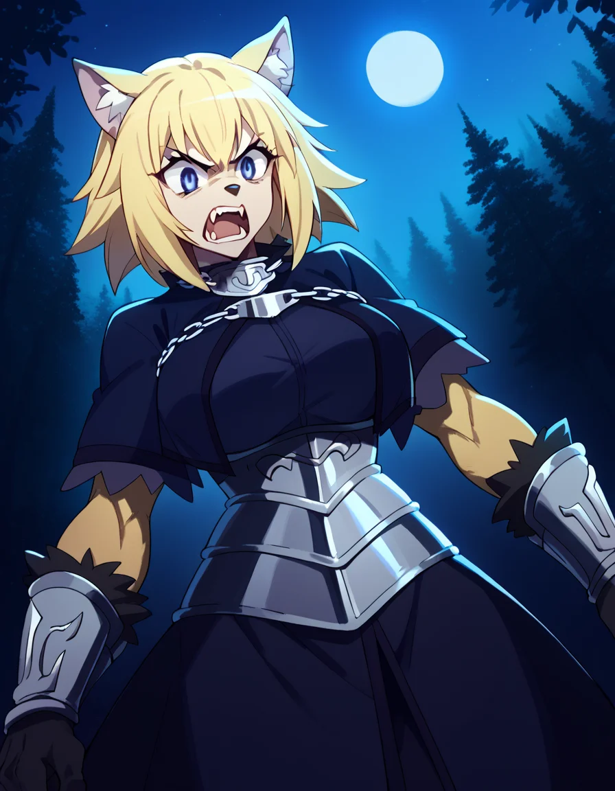 score_9, score_8_up, score_7_up, source_anime, <lora:jeanne-d-arc-apocrypha-s1-ponyxl-lora-nochekaiser:1>, jeanne d arc, blonde hair, blue eyes, long hair, large breasts,, <lora:werewolf-ponyxl-lora-nochekaiser:1>, werewolf, furry, fangs, animal ears, gloves, angry, teeth, animal ear fluff,, forest, night, moon, open mouth, , dutch angle, cowboy shot