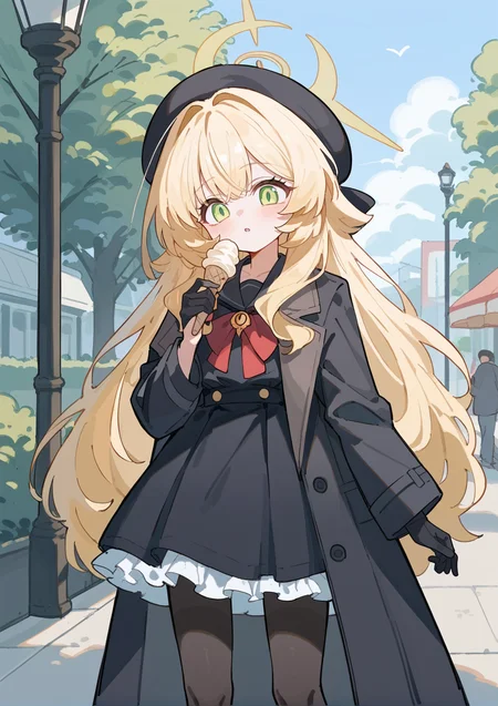 1girl, halo, long hair, messy hair, sidelocks, blonde hair, serafuku, ribbon, brooch, coat, frills, hat, gloves, pantyhose, green eyes, holding icecream, icecream cone, outdoors, park, holding came <lora:Professor_Niyaniya:1>, score_9, score_8_up, score_7_up, score_6_up, score_5_up, score_4_up, BREAK source_anime, masterpiece