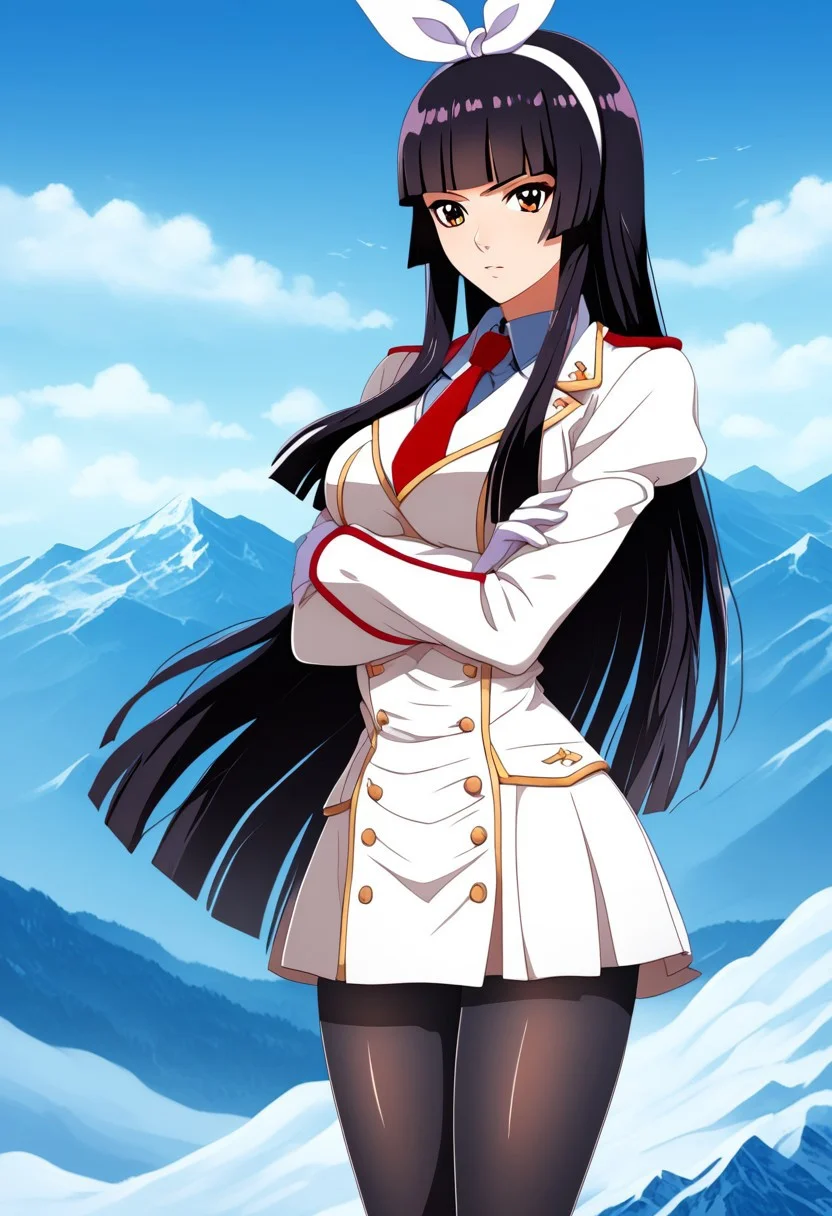 score_9, score_8_up, score_7_up, whentai,
Kagura Mikazuchi, long hair, black hair, hime cut, white hairband, brown eyes,
mountainous area,
cinematic_angle,1girl, bangs, white gloves, necktie, black pantyhose, boots, crossed_arms