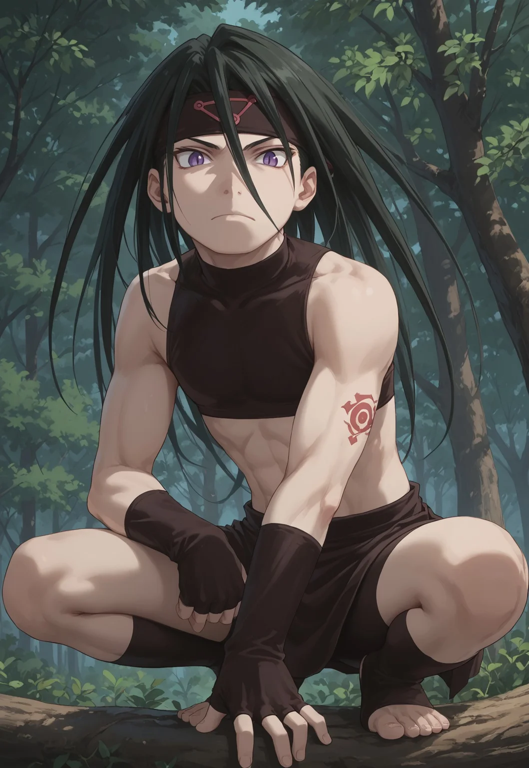 safe_pos, score_9, score_8_up, score_7_up, masterpiece, best quality, FMAB_Envy, 1boy, solo, long hair, dark green hair, black hair, purple eyes, slit pupils, headband, crop top, bare shoulders, midriff, gloves, fingerless gloves, skirt, side slit, bike shorts under skirt, bike shorts, toeless legwear, leg tattoo, dynamic pose, perspective, neutral, closed mouth, forrest, squatting, tree branch, on a tree branch, no arm tattoo