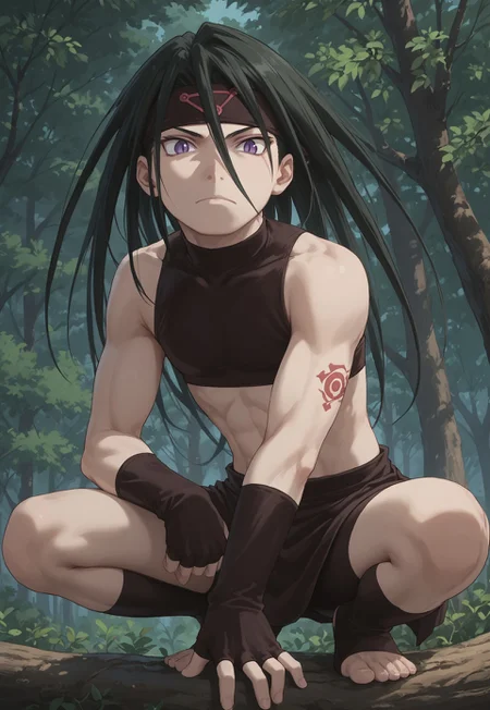 safe_pos, score_9, score_8_up, score_7_up, masterpiece, best quality, FMAB_Envy, 1boy, solo, long hair, dark green hair, black hair, purple eyes, slit pupils, headband, crop top, bare shoulders, midriff, gloves, fingerless gloves, skirt, side slit, bike shorts under skirt, bike shorts, toeless legwear, leg tattoo, dynamic pose, perspective, neutral, closed mouth, forrest, squatting, tree branch, on a tree branch, no arm tattoo