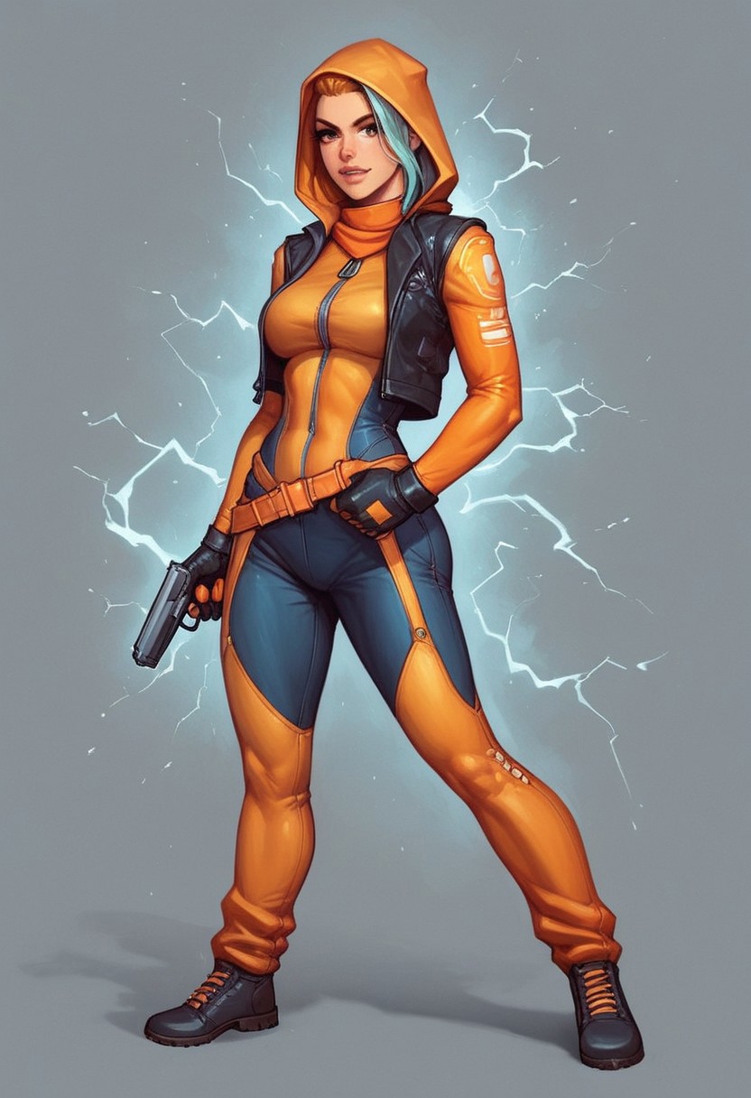 (1girl), dynamic pose
Lyra's iridescent jumpsuit shimmers like a moonlit lake, with neon pink and electric blue accents. Her hair crackles with electricity, styled in loose waves. Eyes burn like hot coals in fiery red and orange
((((full-clothed)))), ((long big pistol in hands, handgun in hands))
BREAK 
((strange world background)) score_9, score_8_up, score_7_up, score_6_up, source_cartoon, rating_explicit, Expressiveh, (((((full body))))), dynamic pose