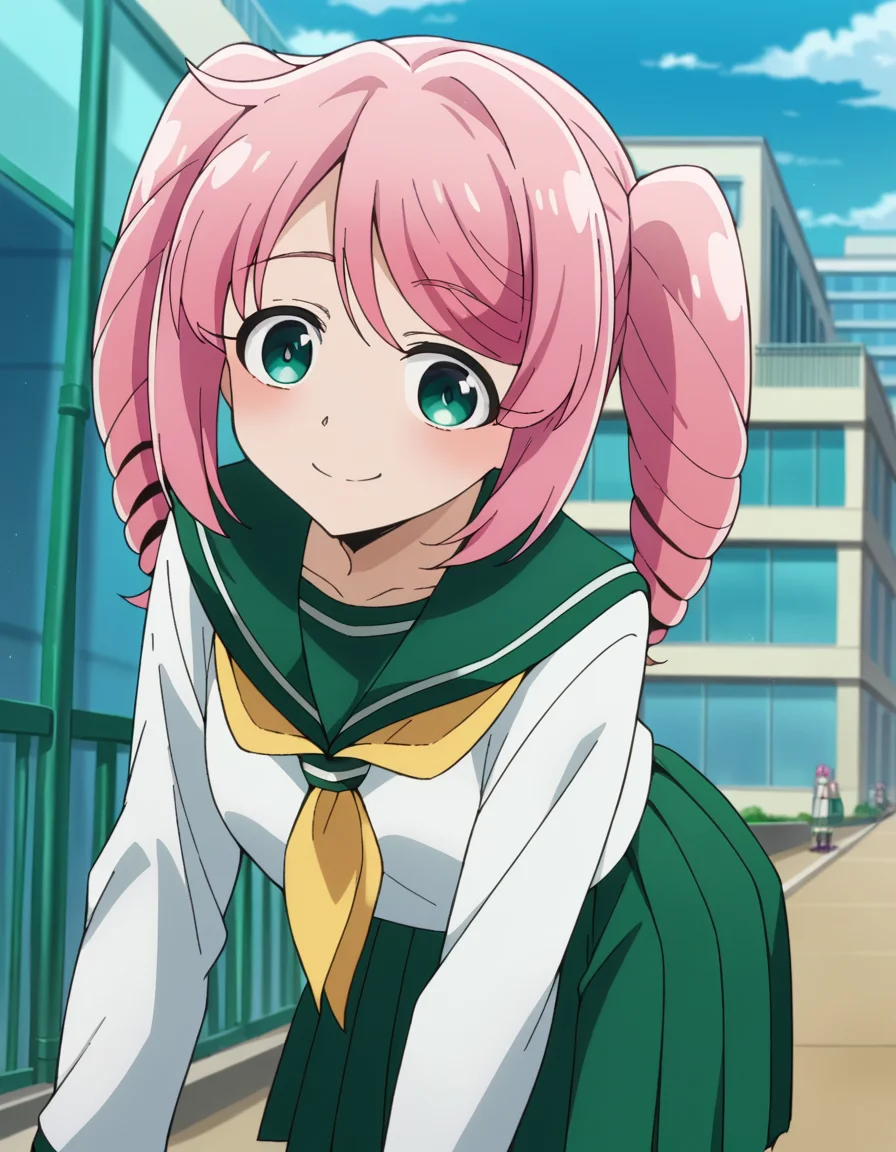 score_9, score_8_up, score_7_up, source_anime,
harukahanabishi, <lora:haruka-hanabishi-ponyxl-lora-nochekaiser:1>
haruka hanabishi, twintails, green eyes, pink hair,
skirt, shirt, long sleeves, school uniform, white shirt, pleated skirt, serafuku, sailor collar, neckerchief, green skirt, green sailor collar,
outdoors, cityscape, bent over, smile,
looking at viewer, dutch angle, cowboy shot