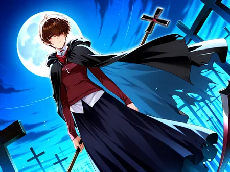 <lora:IL_kagura_izumi:1>,sq_m,kagura izumi,
collared shirt,wine red sweater,celtic cross necklace,tuck out,long skirt,hooded cloak,hoodie,
scythe,holding weapon,
hair over one eye,faint light,drop shadow,backlighting,looking at viewer,light smile,wind,torn skirt,night,full moon,higher angle,intense angle,, masterpiece,best quality,amazing quality,very aesthetic,absurdres,