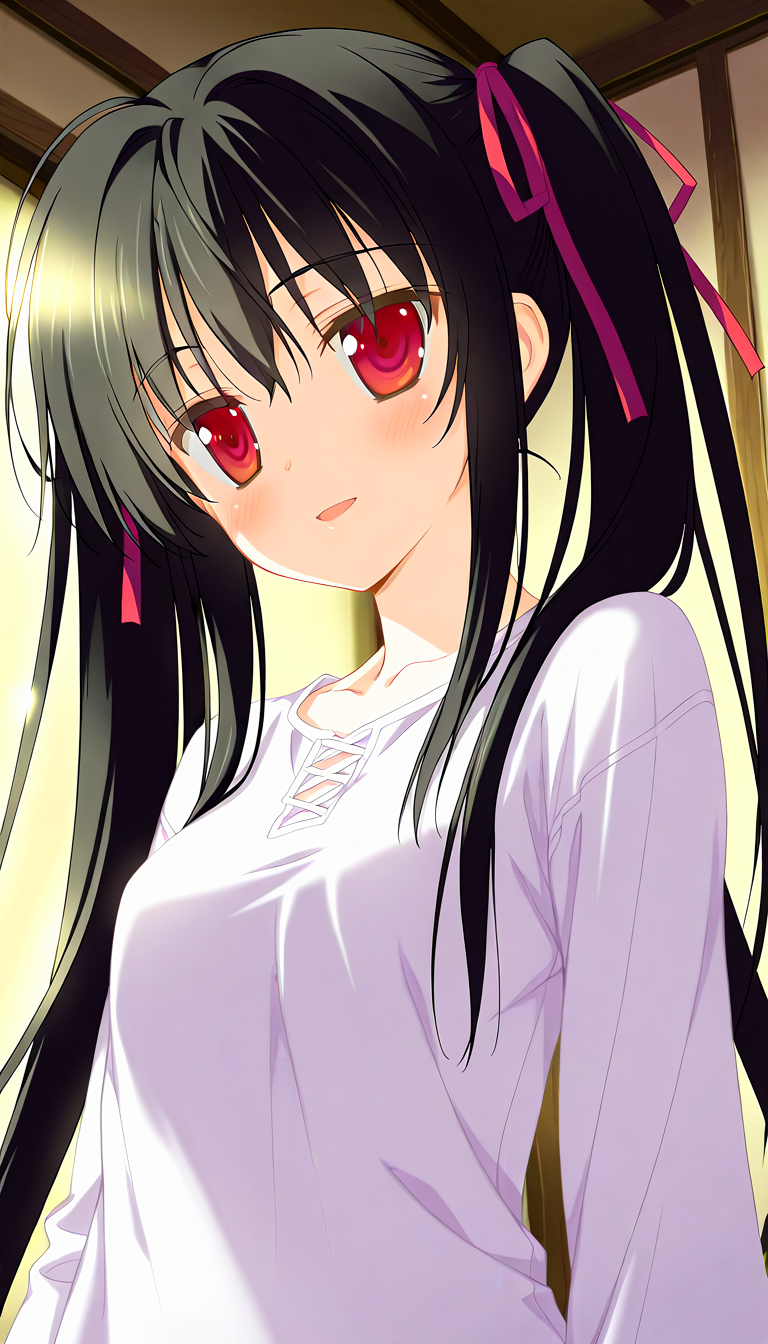 masterpiece,  best quality,highres,absurdres, 1girl,solo,  <lora:favSKIL:0.9>,favSK,light smile,long hair,twintails,upper body,open mouth, red eyes,black hair,indoors,  long-sleeved shirt,hair ribbon,