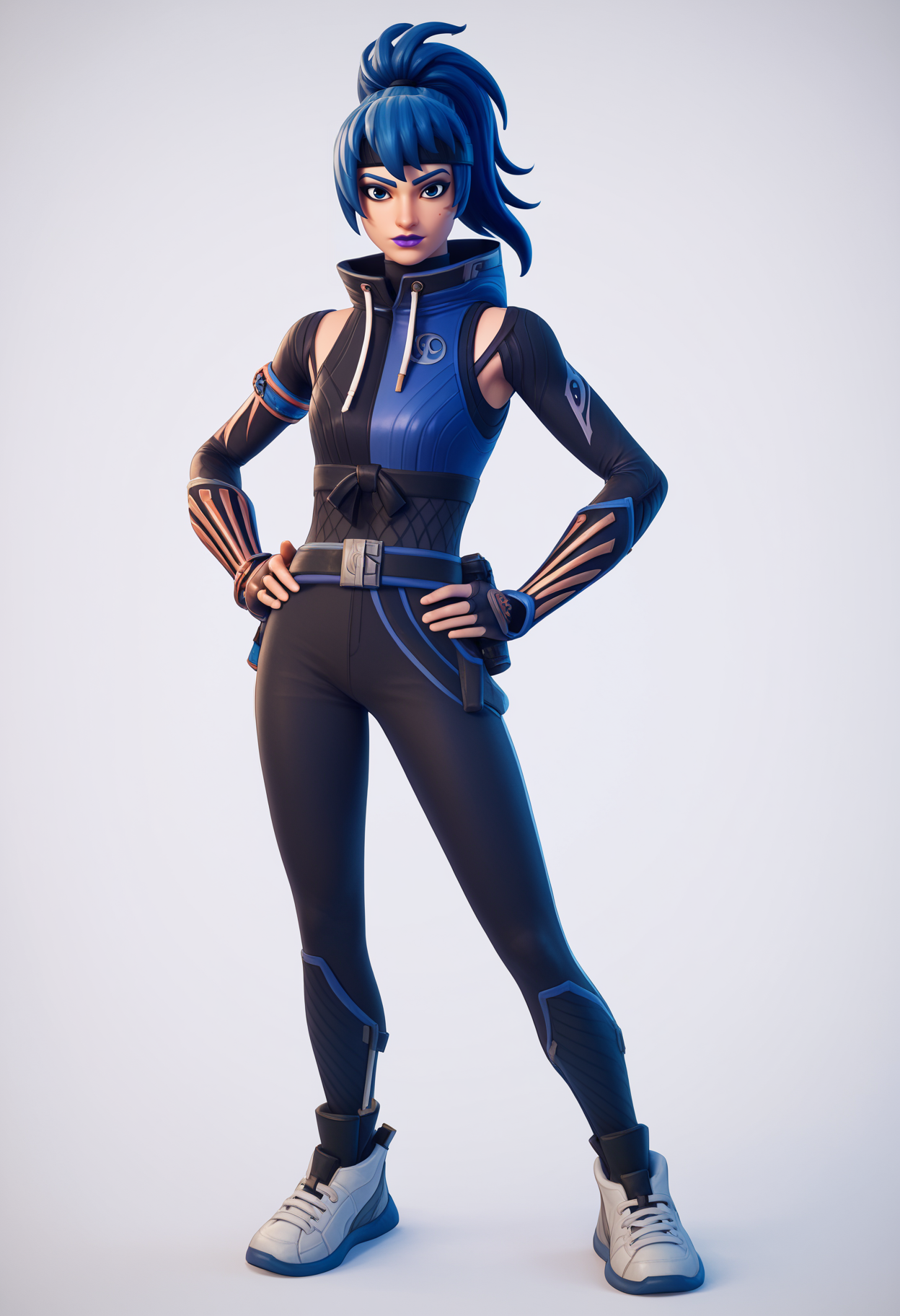 score_9, score_8_up, score_7_up, BREAK,
1girl, shadowbladehope blue hair, ponytail, blue eyes, purple lips,
ninja, bodysuit, sneakers, belt, fingerless gloves,
hands on hips,
standing, looking at viewer, solo, looking at viewer, simple background, white background <lora:ShadowBladeHopePDXL_byKonan:1>