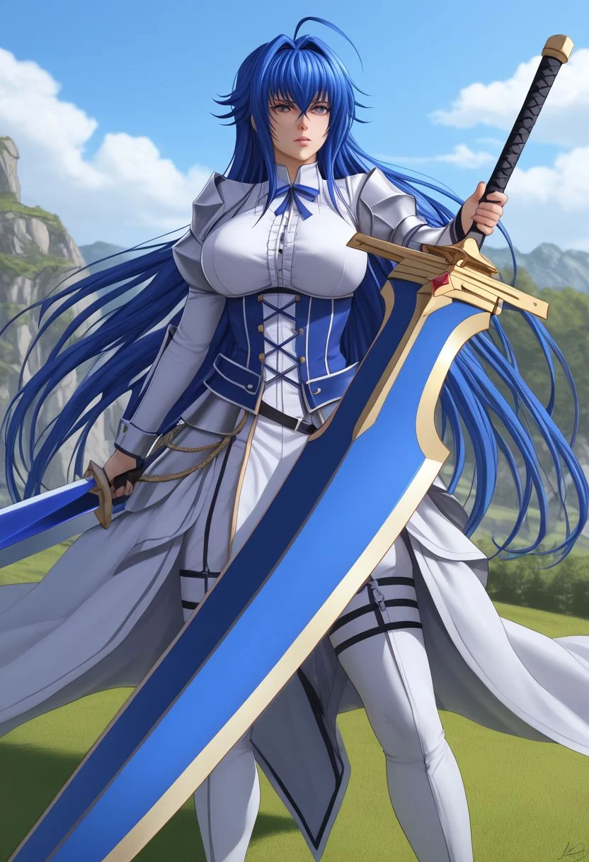 Masterpiece, best quality, high quality, highres, 4k, detailed face, DURANDAL (DXD), BIG SWORD, BIG WEAPON, BLUE SWORD, planted sword,