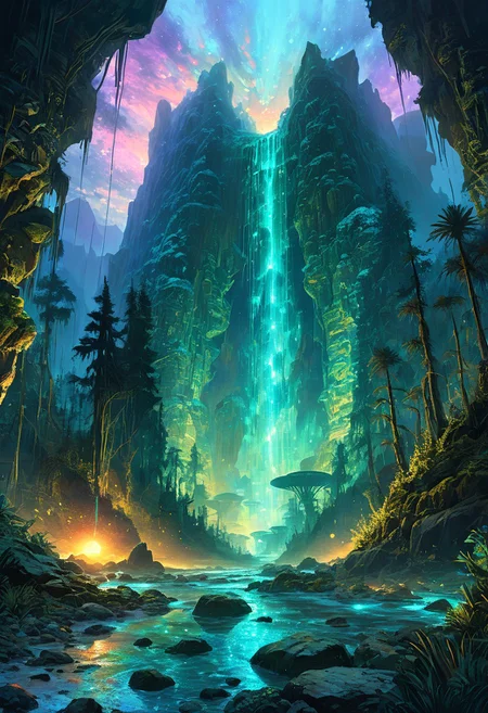 (by Ellen Jewett:1.5), (Bioluminescent Impressionism, Egyptian landscape, The Dreamland, PAcific Northwest, forests, rock, greatCascades Mountains, , techno towers with great beams of light shooting up into the sky, sky sunset, sunrise ,waterfall, ethereal landscapes, depth of field, biotech emotion:1.3) <lora:xl_more_art-full_v1:0.5> <lora:add-detail-xl:1> <lora:RMSDXL_Creative:2>