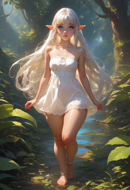 score_9, score_8_up, score_7_up, 1girl, elf girl, solo, silver hair, long hair, long bangs, young, big breasts, perky ass, wide hips, thick thighs, oily skin, shiny skin, curvy, long pointy elf ears, (petite, very short, miniscule female), young, delicate, blue eyes, sharp eyes, sensual, full lips, cute short feet, ankle jewelry, white thin summer dress, exposed collarbone, seductive, lewd, suggestive, half-closed eyes, perverted expression, mesugaki, in lush forest, vibrant colors, lush foliage, standing, skipping on her feet, looking up, full body shot